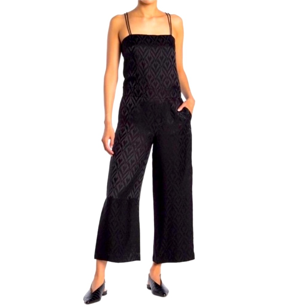 Theory Black Silk Blend Geometric Jacquard Wide Leg Crop Jumpsuit Size 8 NWT
